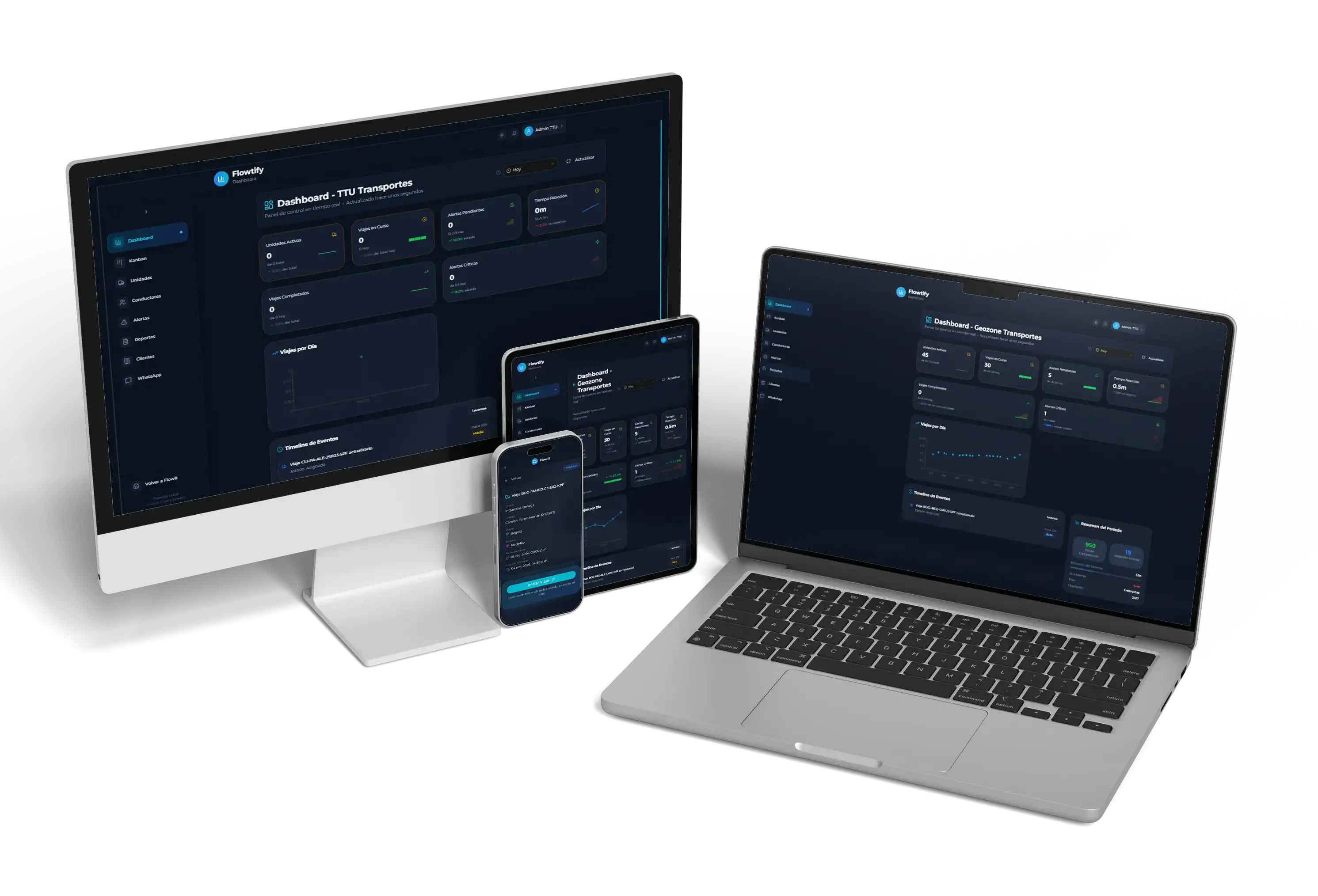 Interfaz de Flowtify con tablero Kanban de viajes, mapa con unidades en vivo y trabajo de alertas desde la torre de control